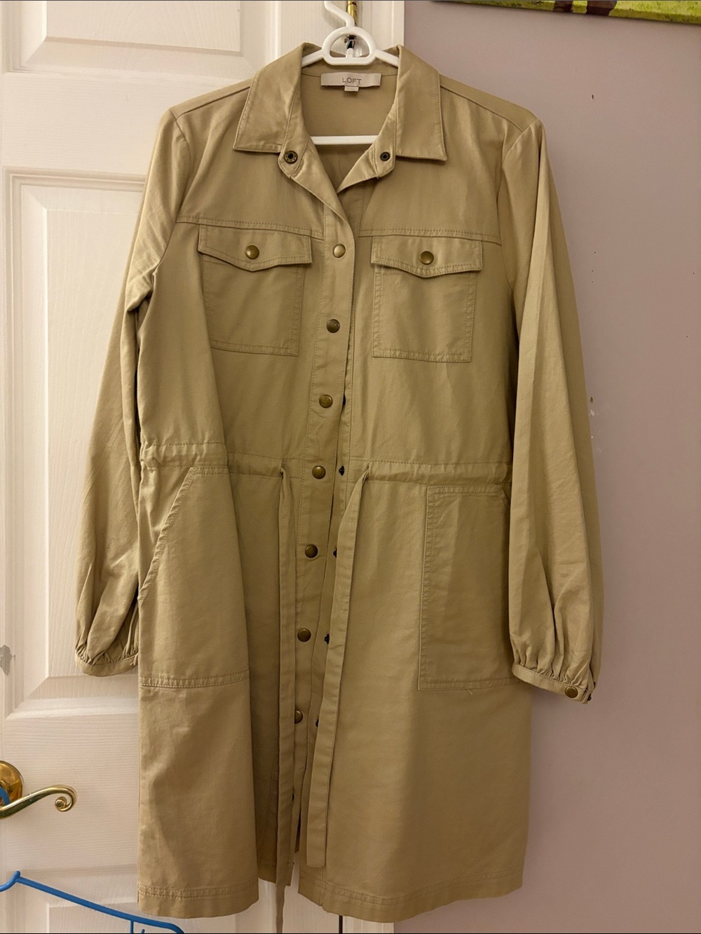 LOFT Tan Button-Front Utility Dress Sz M
